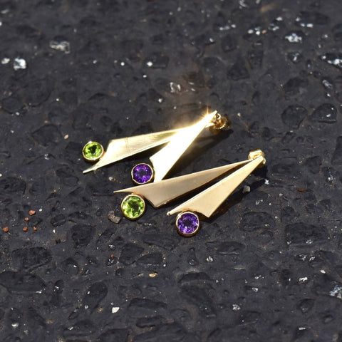 Modernist 14K Gold Slice Amethyst & Peridot Drop Earrings, Yellow Gold Swivel Earrings, Estate Jewelry, 41mm - Good's Vintage