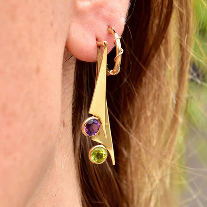 Modernist 14K Gold Slice Amethyst & Peridot Drop Earrings, Yellow Gold Swivel Earrings, Estate Jewelry, 41mm - Good's Vintage