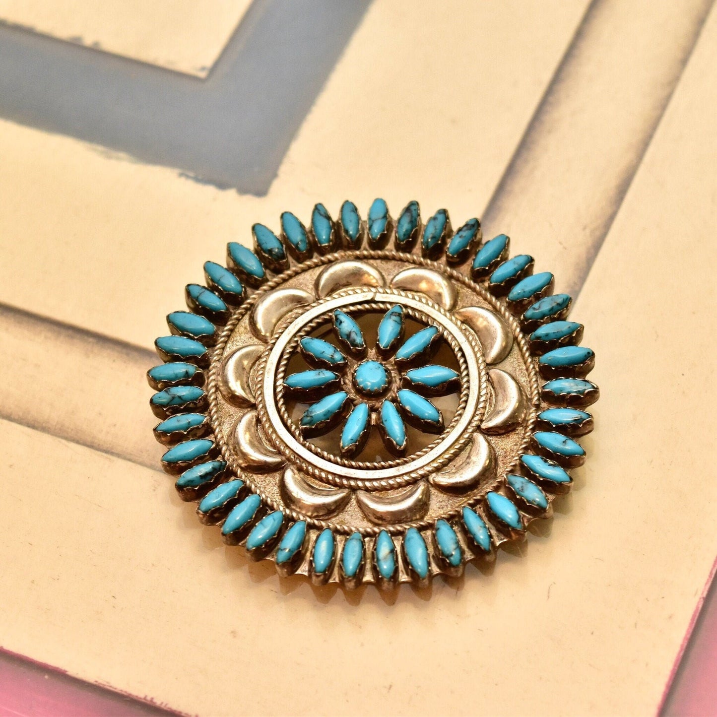 Zuni Needlepoint Turquoise Brooch Pin, Native American Handmade Sterling Silver Turquoise Medallion Brooch, 2 1/2"