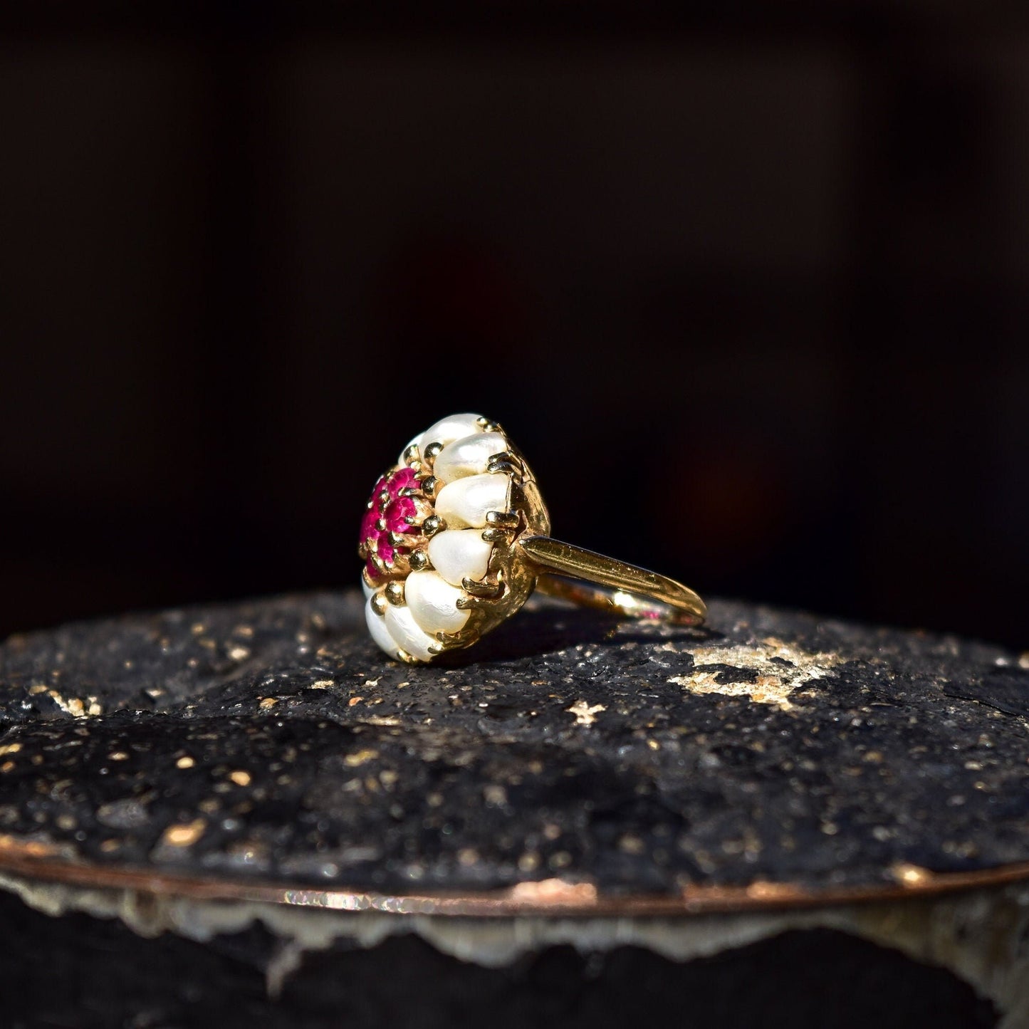 14K yellow gold ring featuring a floral cluster design with white pearls and pink rubies, crafted in a dome bombe style, size 9 US, vintage estate jewelry