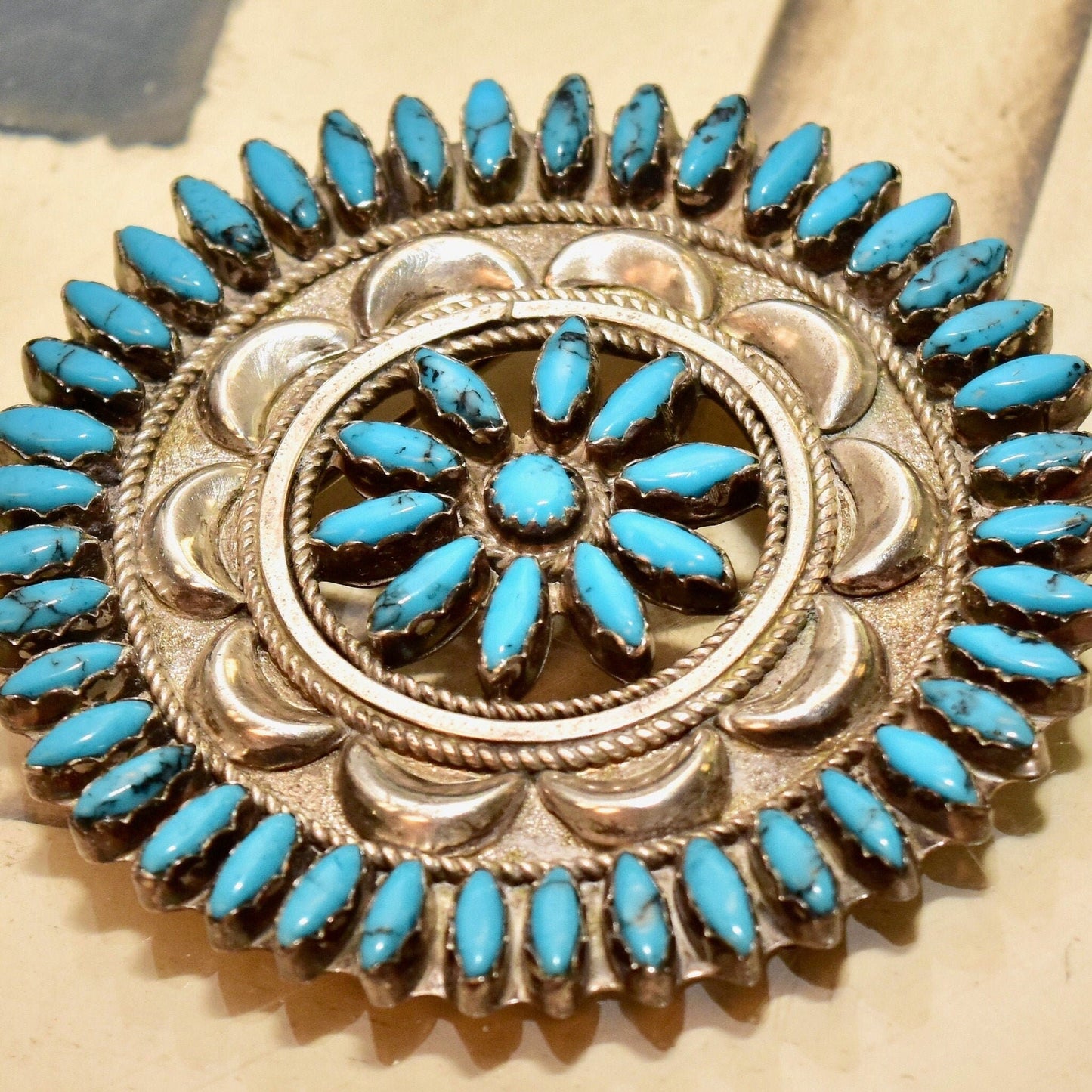 Zuni Needlepoint Turquoise Brooch Pin, Native American Handmade Sterling Silver Turquoise Medallion Brooch, 2 1/2"