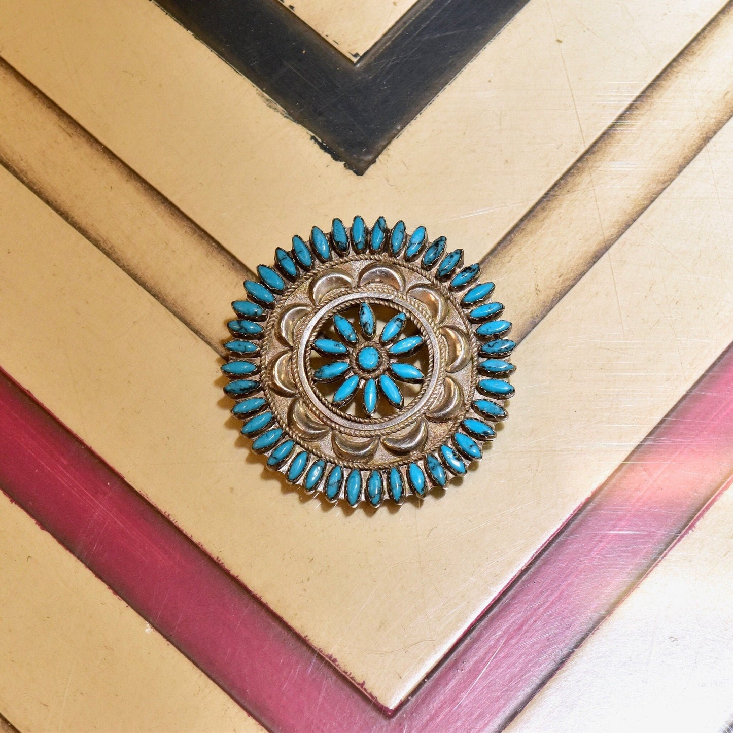 Zuni Needlepoint Turquoise Brooch Pin, Native American Handmade Sterling Silver Turquoise Medallion Brooch, 2 1/2"