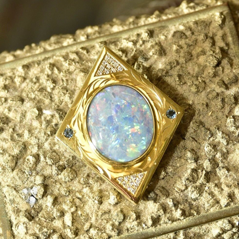 Solid Engraved 18K Opal Mosaic Diamond Cluster Pendant, Large Diamond-Shaped Opal Triplet Pendant, Gemstone Accents - Good's Vintage