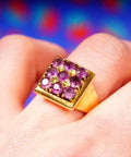 Modernist 14K Amethyst Cluster Ring, Men's Style Square-Top Ring Face, 9 Round-Cut Stones, Size 8 US - Good's Vintage