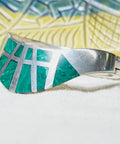 Modernist TAXCO Sterling Silver Malachite Cuff Bracelet, Geometric Inlay, Hinged Closed Cuff Bangle, 6 3/4" - Good's Vintage