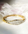 Edwardian Diamond Cluster Bangle Bracelet In 14K & Platinum, Ornate Two-Tone Closed Cuff Bracelet, 6 1/4" - Good's Vintage