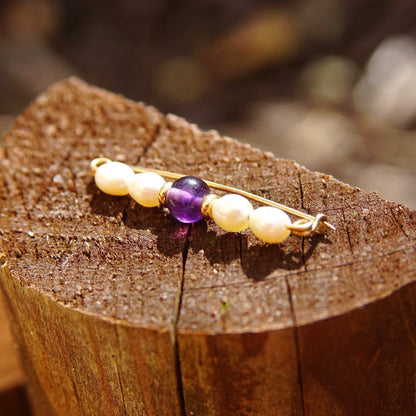 14k Amethyst Pearl Safety Pin Brooch, Small Yellow Gold Lingerie Pin, Amethyst Beads & Baroque Pearls, 1/2 L