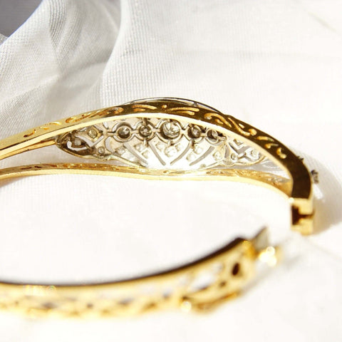 Edwardian Diamond Cluster Bangle Bracelet In 14K & Platinum, Ornate Two-Tone Closed Cuff Bracelet, 6 1/4" - Good's Vintage