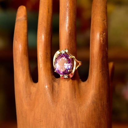 14K Pink Sapphire Cocktail Ring, White Gold Diamond Accents, Simulated Gemstone, Fancy Gold Ring, Size 6 1/4 US