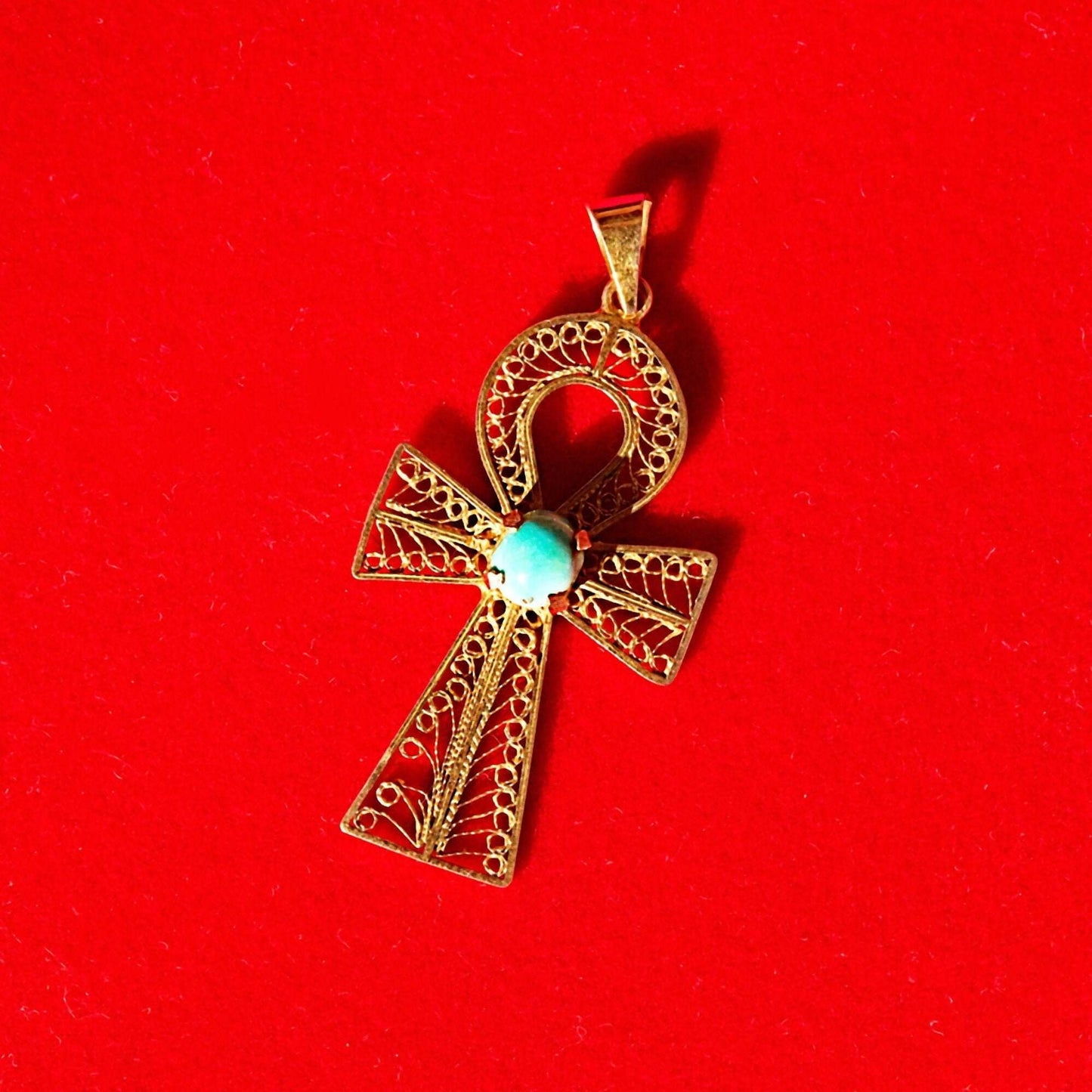 Egyptian Revival 18K Ankh Pendant, Yellow Gold Filigree With Turquoise Cabochon, Large Symbol Pendant, 2" L - Good's Vintage