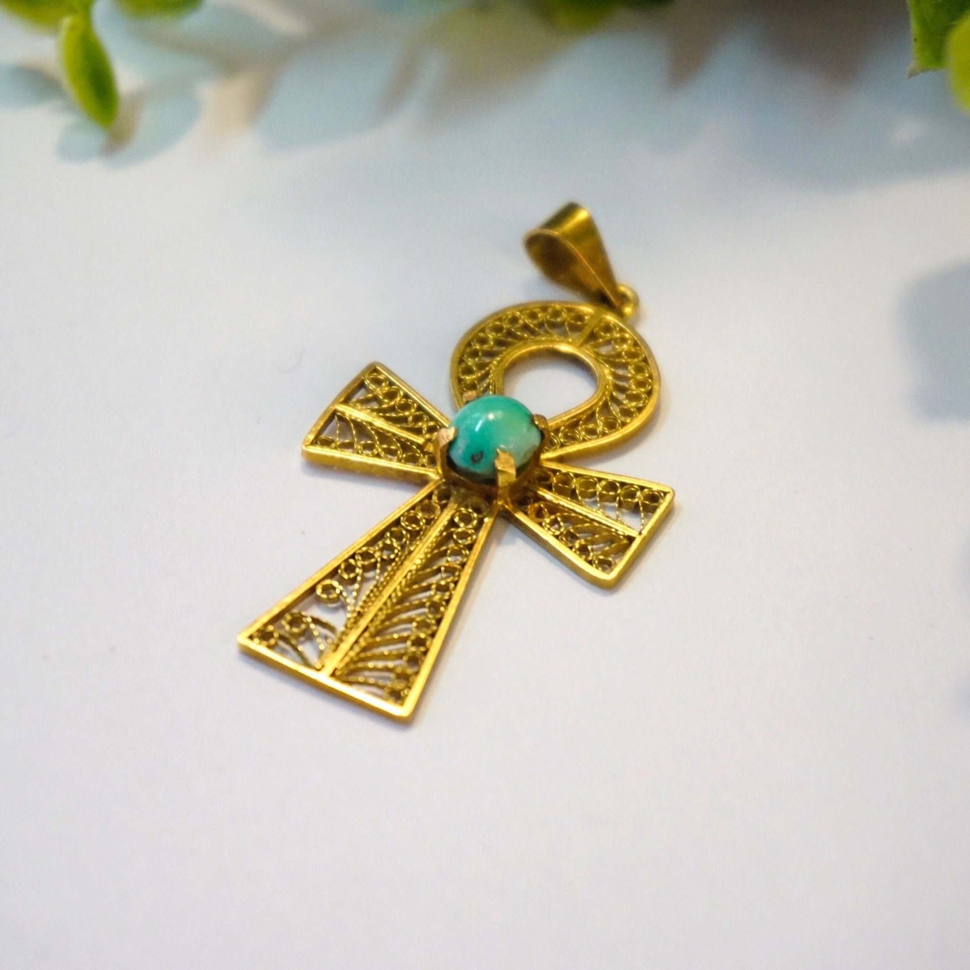 Egyptian Revival 18K Ankh Pendant, Yellow Gold Filigree With Turquoise Cabochon, Large Symbol Pendant, 2" L - Good's Vintage