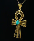 Egyptian Revival 18K Ankh Pendant, Yellow Gold Filigree With Turquoise Cabochon, Large Symbol Pendant, 2" L - Good's Vintage
