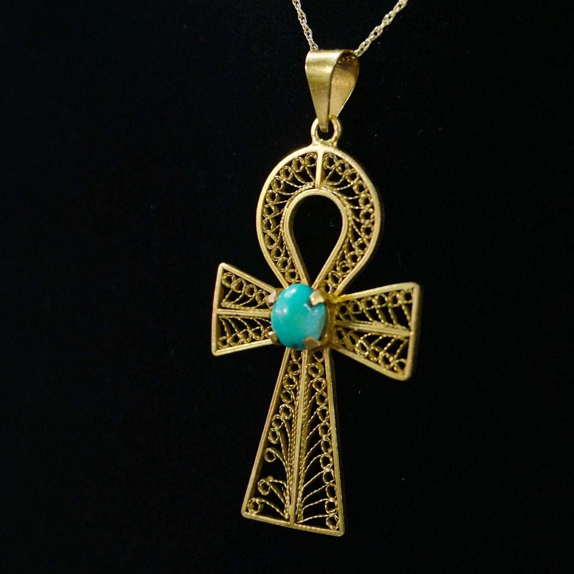 Egyptian Revival 18K Ankh Pendant, Yellow Gold Filigree With Turquoise Cabochon, Large Symbol Pendant, 2" L - Good's Vintage