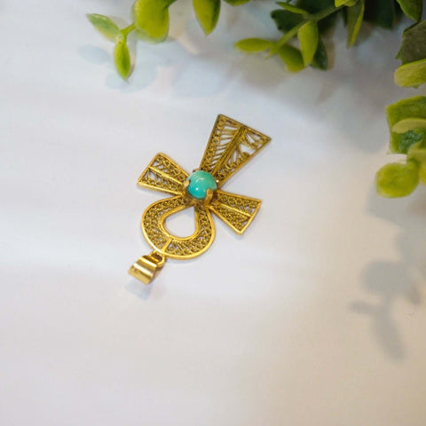 Egyptian Revival 18K Ankh Pendant, Yellow Gold Filigree With Turquoise Cabochon, Large Symbol Pendant, 2" L - Good's Vintage