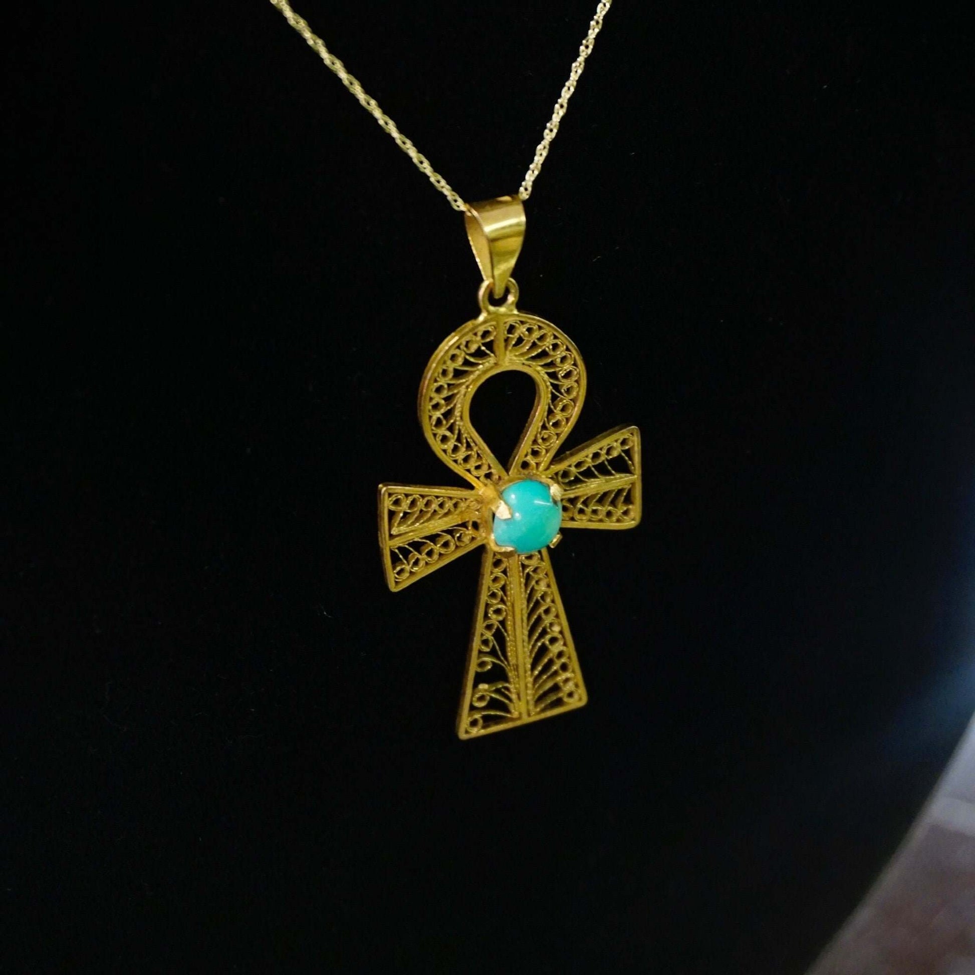 Egyptian Revival 18K Ankh Pendant, Yellow Gold Filigree With Turquoise Cabochon, Large Symbol Pendant, 2" L - Good's Vintage