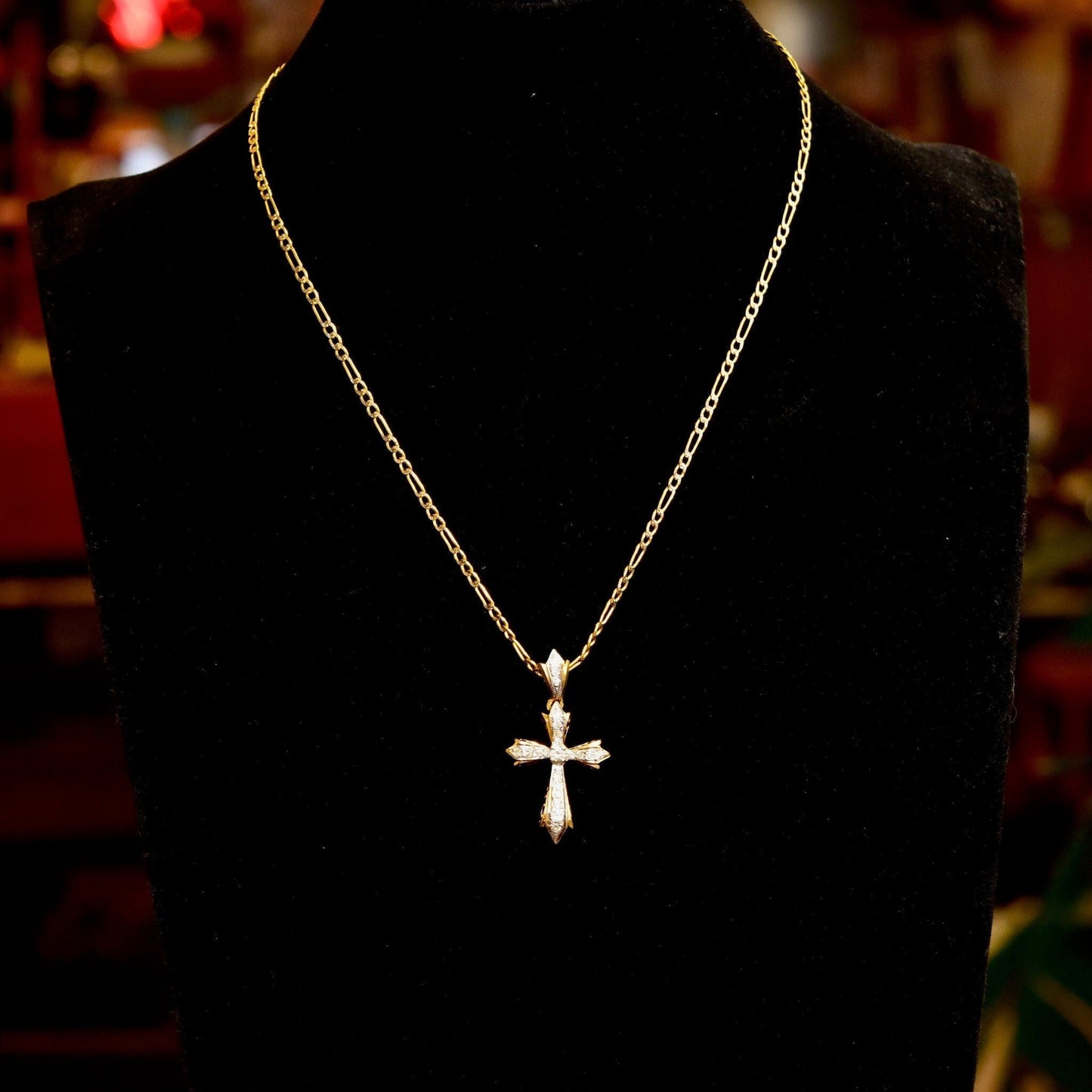 14K two-tone gold diamond pave gothic cross pendant necklace on diamond cut figaro chain, vintage religious jewelry, 16 inches long