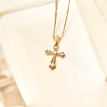14K gold diamond pave gothic cross pendant necklace with two-tone diamond cut figaro chain, vintage religious jewelry, 16 inches long