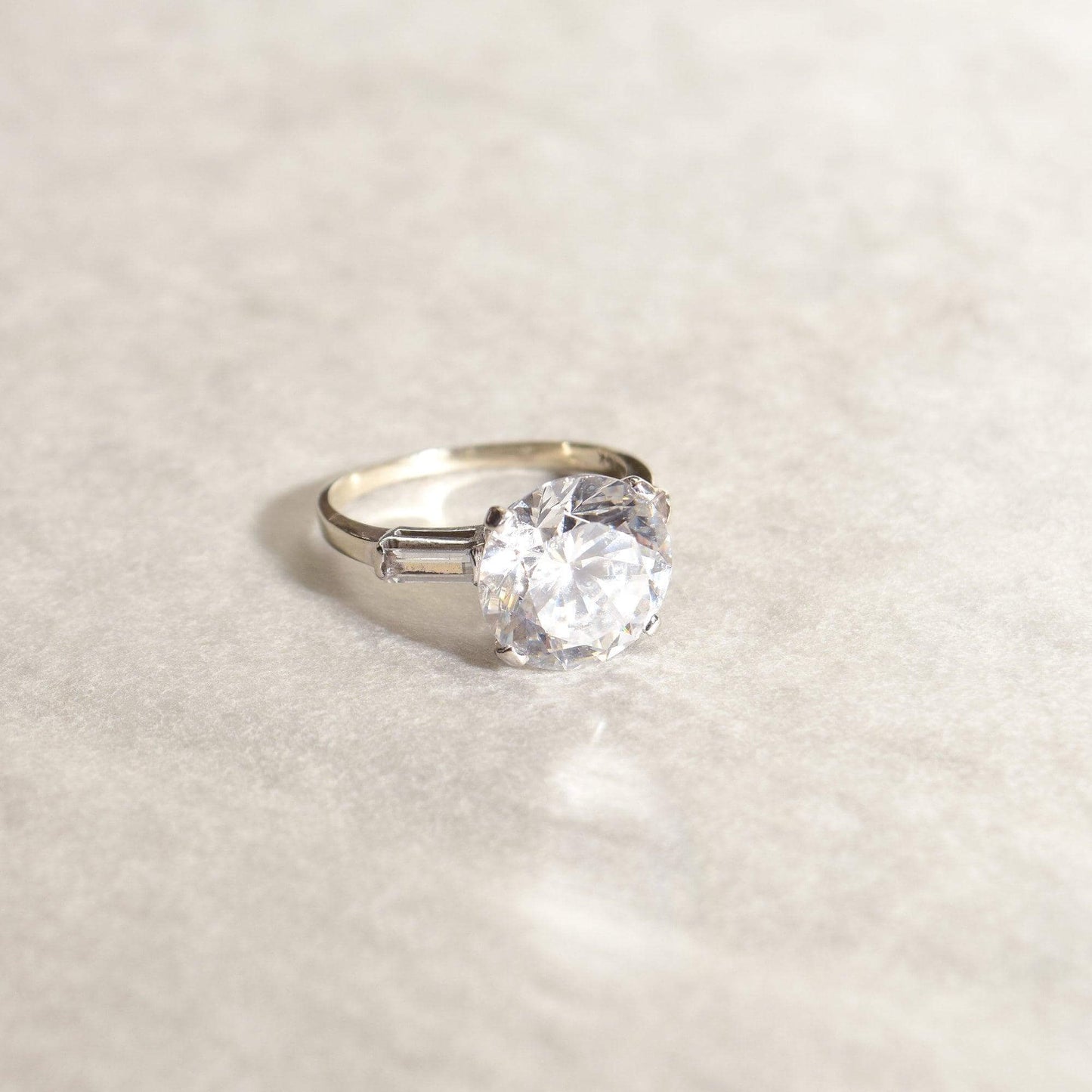 Huge 14K White Gold CZ Diamond Engagement Ring W/ Baguette Diamond Side Stones, Estate Jewelry, Size 8 US - Good's Vintage