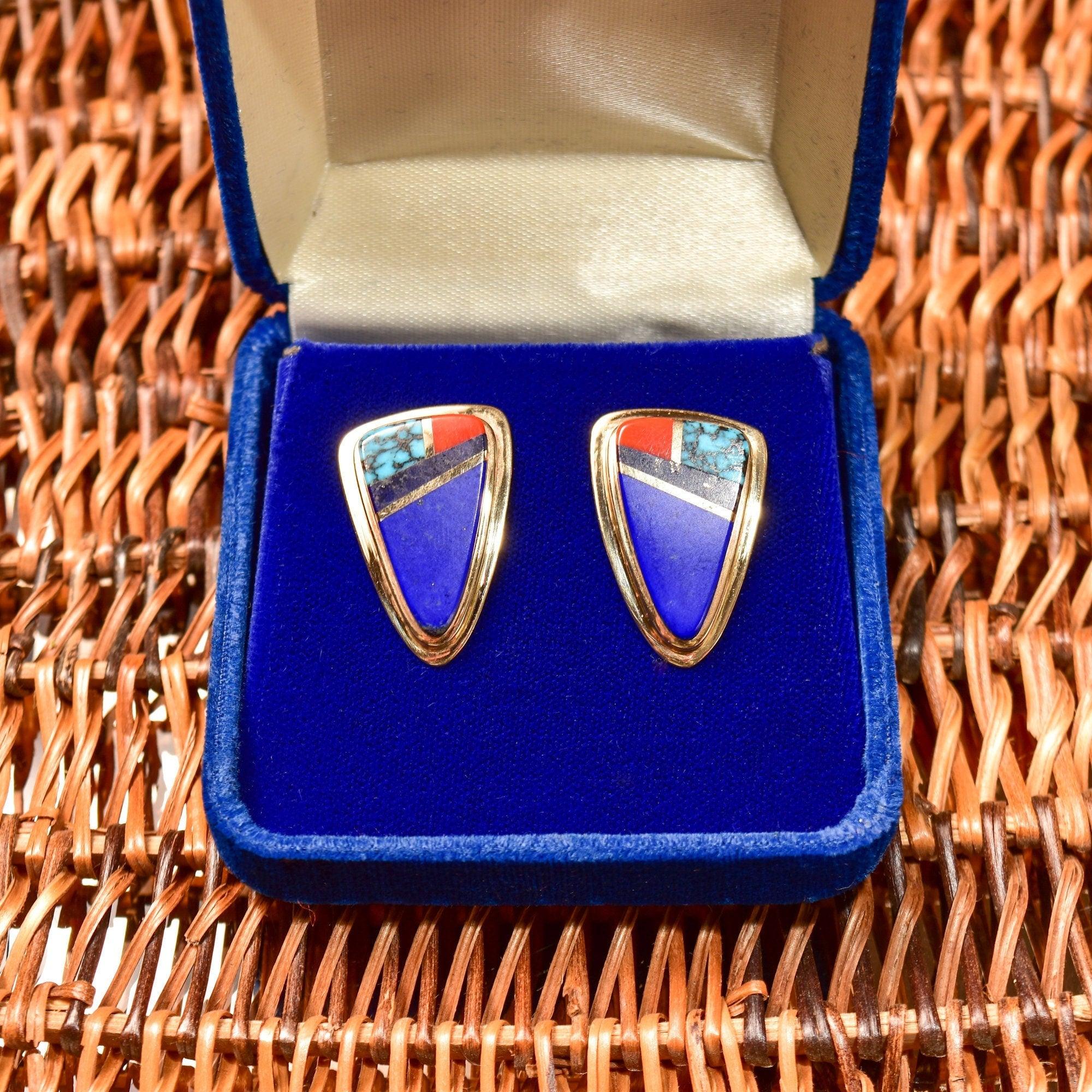 Signed Sonwai 14K Inlay Hopi Earrings, Yellow Gold, Lapis Lazuli, Turq