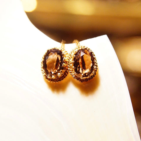 14K Smoky Quartz Screw Back Earrings, Dazzling Art Deco Earrings, Faceted Oval Cut Gemstone In Ornate Prong Setting, 10mm x 8mm - Good's Vintage