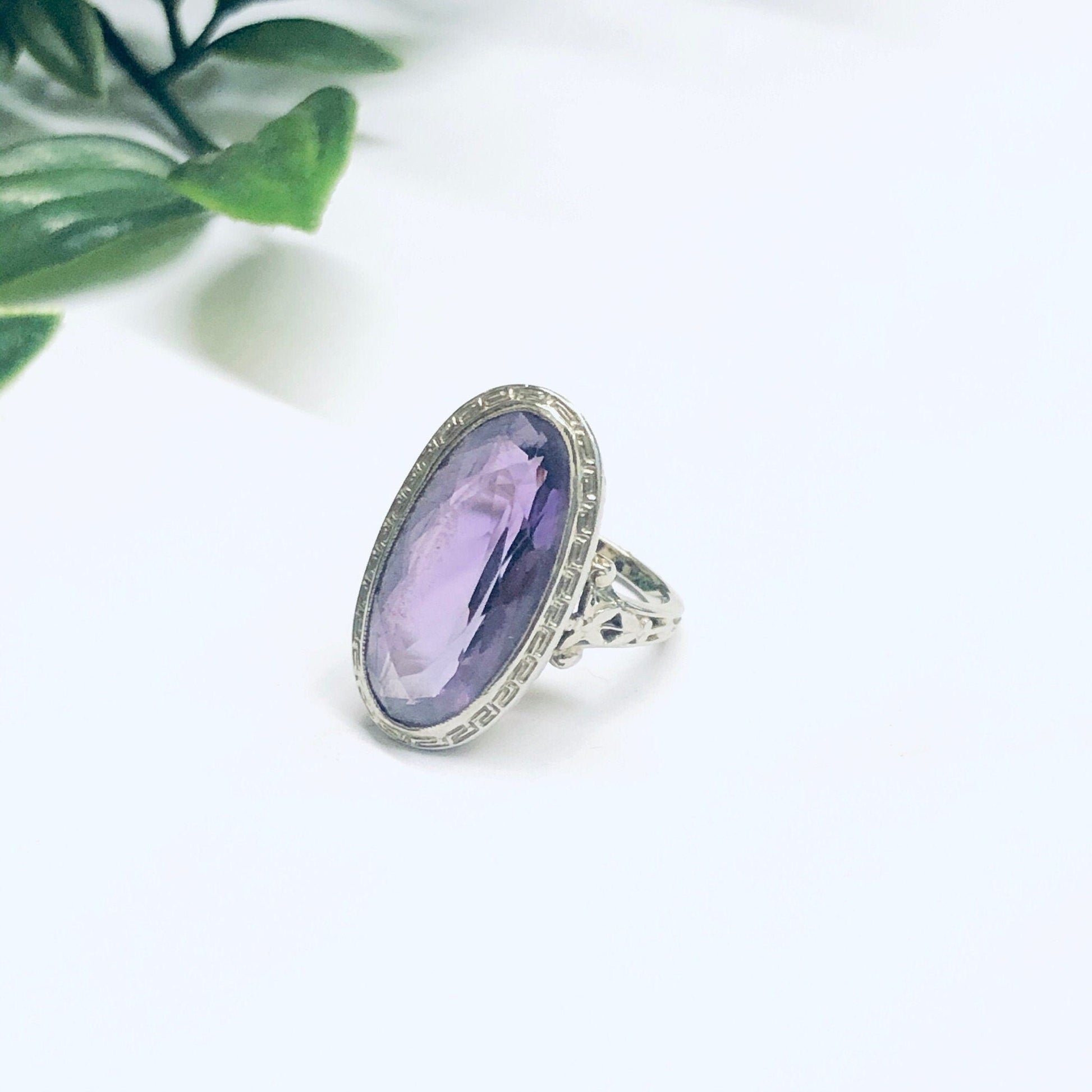 Vintage 18K white gold ring featuring an oval-cut amethyst gemstone surrounded by intricate metalwork and milgrain detailing. The ring is photographed against a white background with a green plant in soft focus.