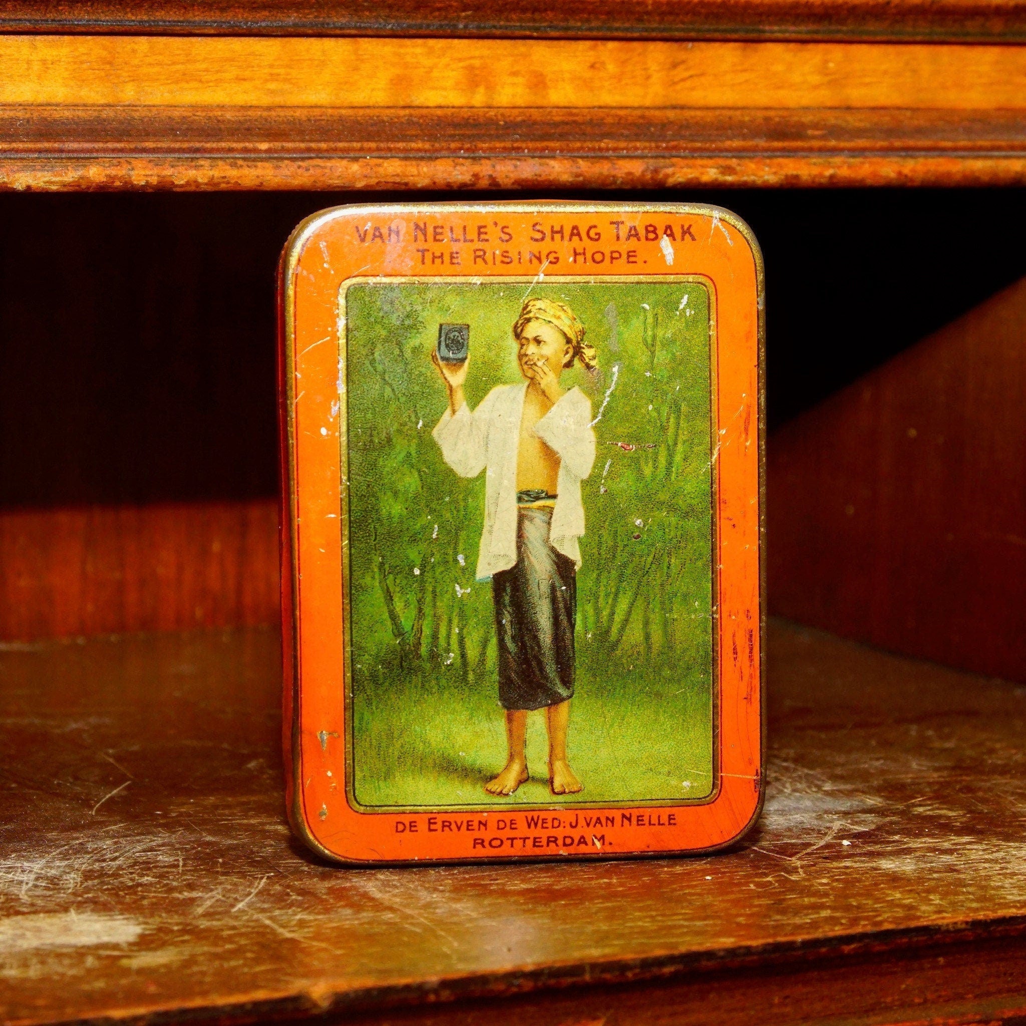 Rare 1920s Van Nelles Shag Tobacco Tin - Vintage Smoking Case