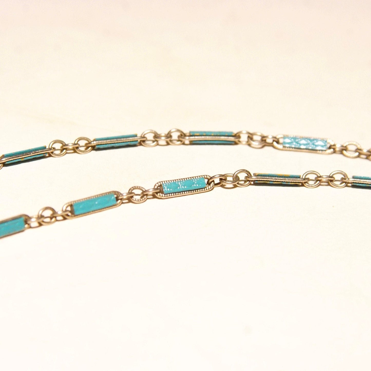 Vintage Indian mosaic turquoise brass inlay bauble pendant necklace with blue enamel silver link chain, 18 inches long, featuring a 2-bead drop pendant design.