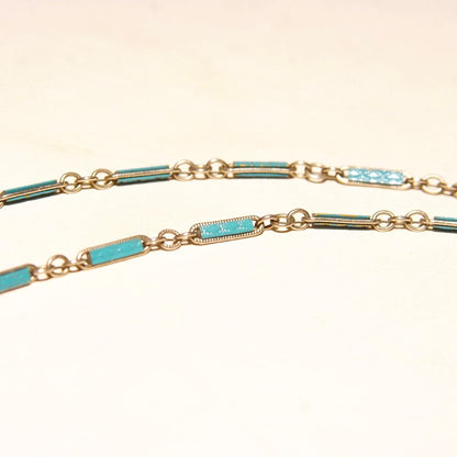 Vintage Indian mosaic turquoise brass inlay bauble pendant necklace with blue enamel silver link chain, 18 inches long, featuring a 2-bead drop pendant design.