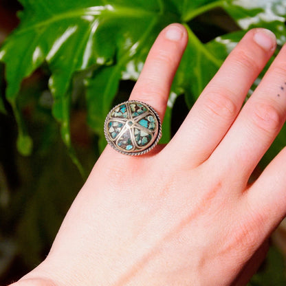 Vintage Silver & Turquoise Mosaic Inlay Flower Dome Ring, Unique Turquoise Ring With Silver Details, Statement Ring, Size 5 US