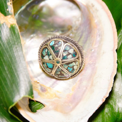 Vintage Silver & Turquoise Mosaic Inlay Flower Dome Ring, Unique Turquoise Ring With Silver Details, Statement Ring, Size 5 US