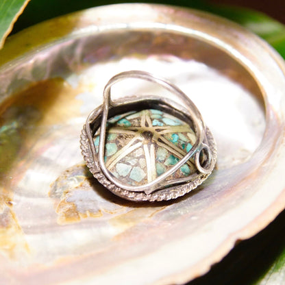 Vintage Silver & Turquoise Mosaic Inlay Flower Dome Ring, Unique Turquoise Ring With Silver Details, Statement Ring, Size 5 US