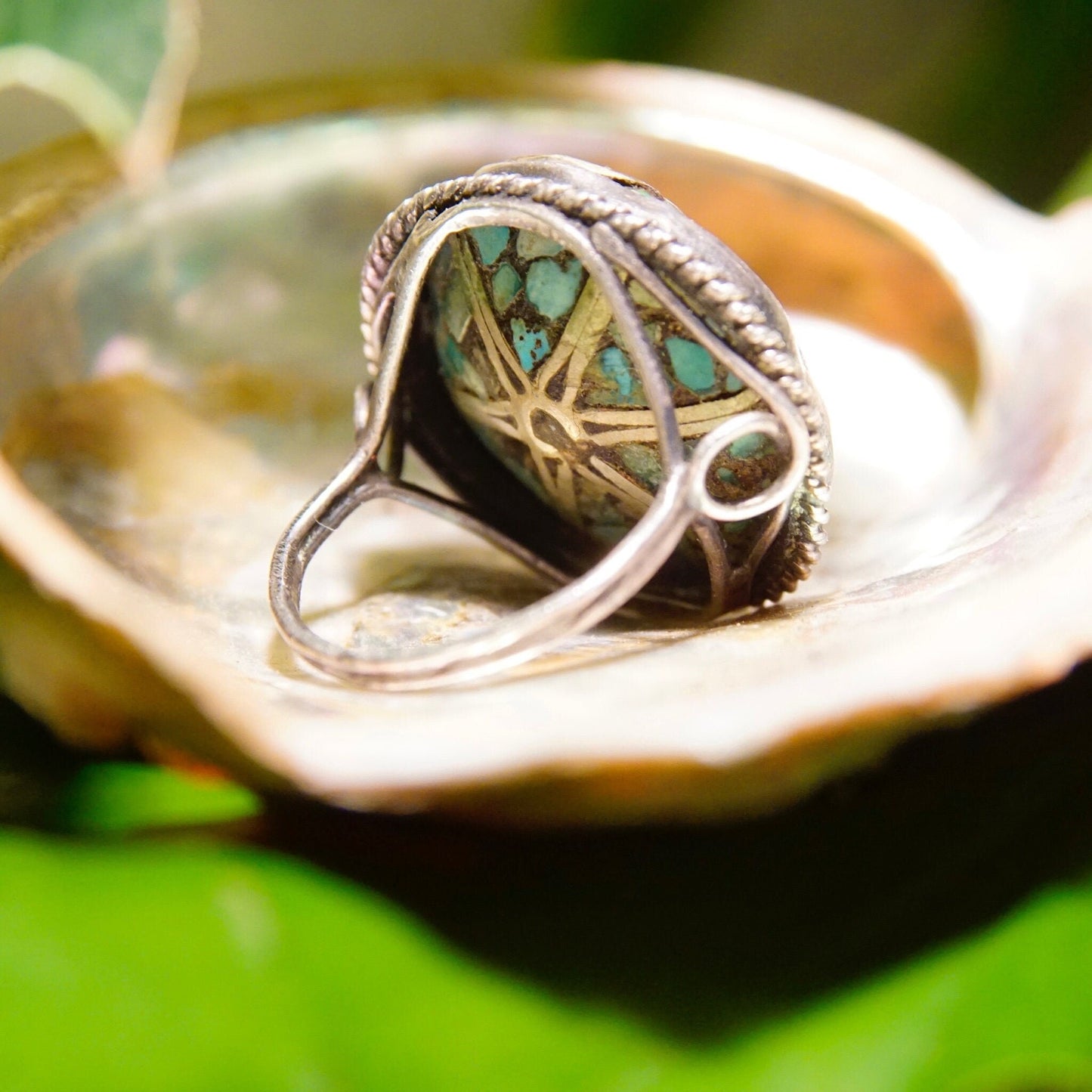 Vintage Silver & Turquoise Mosaic Inlay Flower Dome Ring, Unique Turquoise Ring With Silver Details, Statement Ring, Size 5 US