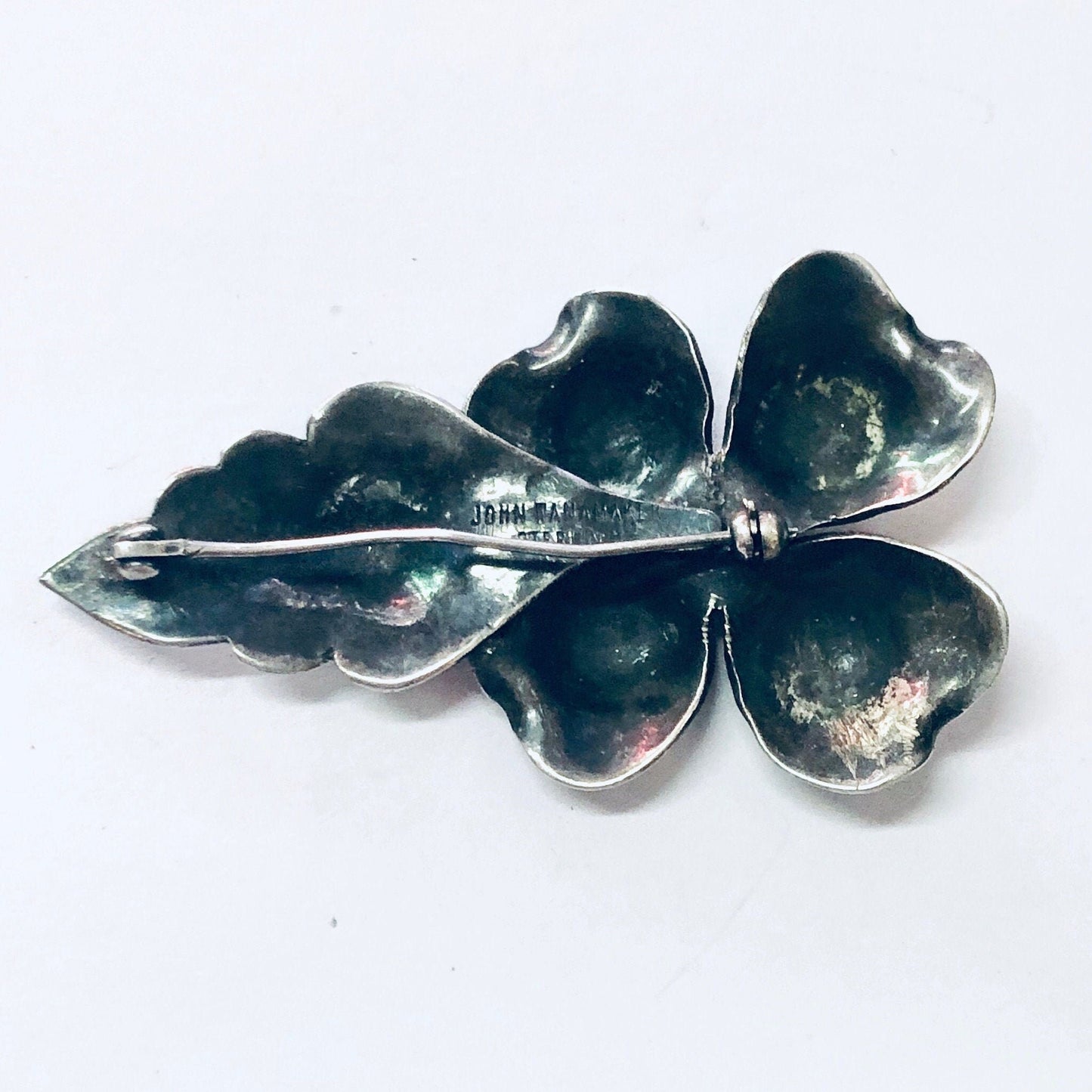 Vintage silver flower brooch pin with dark patina from John Wanamaker jewelry collection, 925 silver, unique floral design