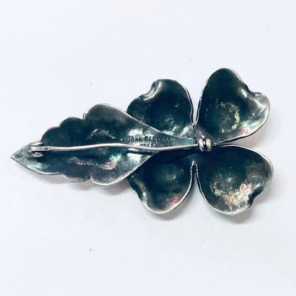 Vintage silver flower brooch pin with dark patina from John Wanamaker jewelry collection, 925 silver, unique floral design