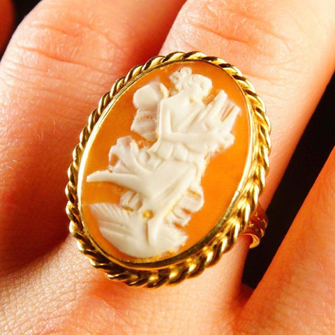 Antique 14K Gold Harp Player Cameo Ring, Large Classic Relief Carved Diaphanous Figural Cameo, Yellow Gold Ribbon Setting, Size 9 1/2 US - Good's Vintage