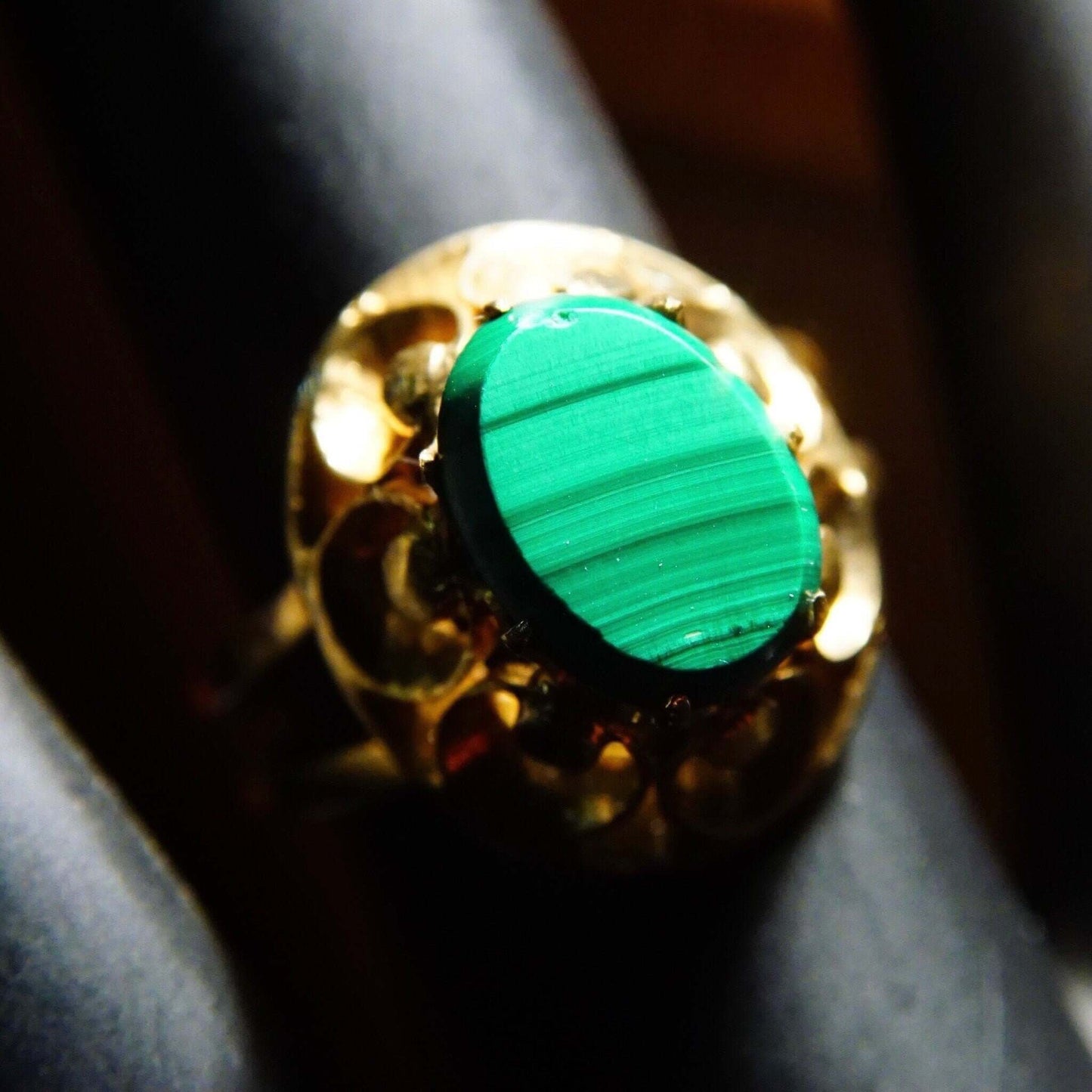 Antique 14K Yellow Gold Malachite Ring, Ornate Cathedral Setting, Green Banded Malachite Gemstone, 585 Jewelry, Size 6 1/4 US