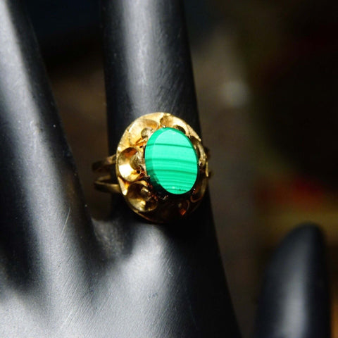 Antique 14K Yellow Gold Malachite Ring, Ornate Cathedral Setting, Green Banded Malachite Gemstone, 585 Jewelry, Size 6 1/4 US
