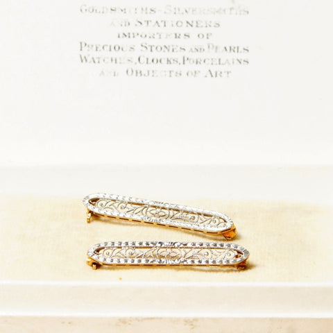 Pair Of 14K White Gold Filigree Bar Pins, Petite Gold Brooch Pins, Yellow Gold Backing, In Original Box,  1 L