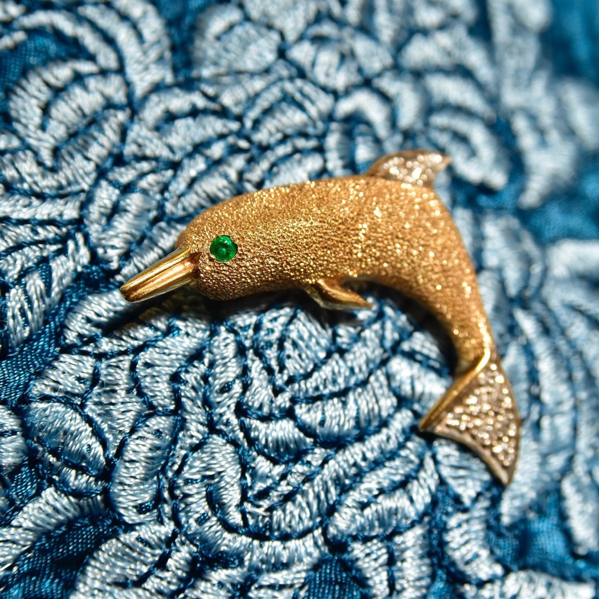 Vintage 14KP Gold Diamond Accent Dolphin Brooch/Pendant, Green Emerald Eye, Textured Yellow Gold Finish, Diamond Encrusted Fin/Tail, 1 3/8" - Good's Vintage
