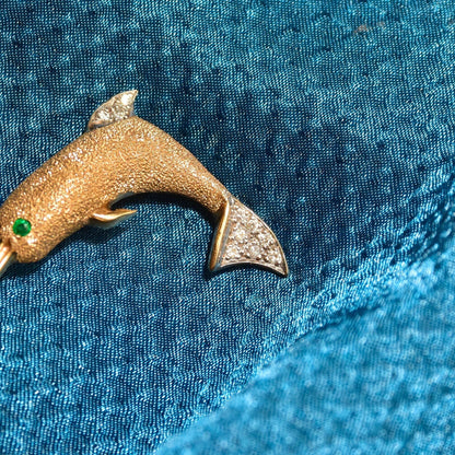 Vintage 14KP Gold Diamond Accent Dolphin Brooch/Pendant, Green Emerald Eye, Textured Yellow Gold Finish, Diamond Encrusted Fin/Tail, 1 3/8" - Good's Vintage