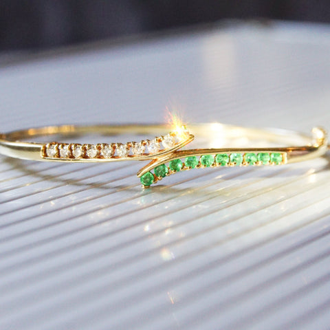 Natural Emerald Diamond Bypass Bangle Bracelet In 14K Yellow Gold, Channel Set Cuff, Estate Jewelry, 6 1/2"