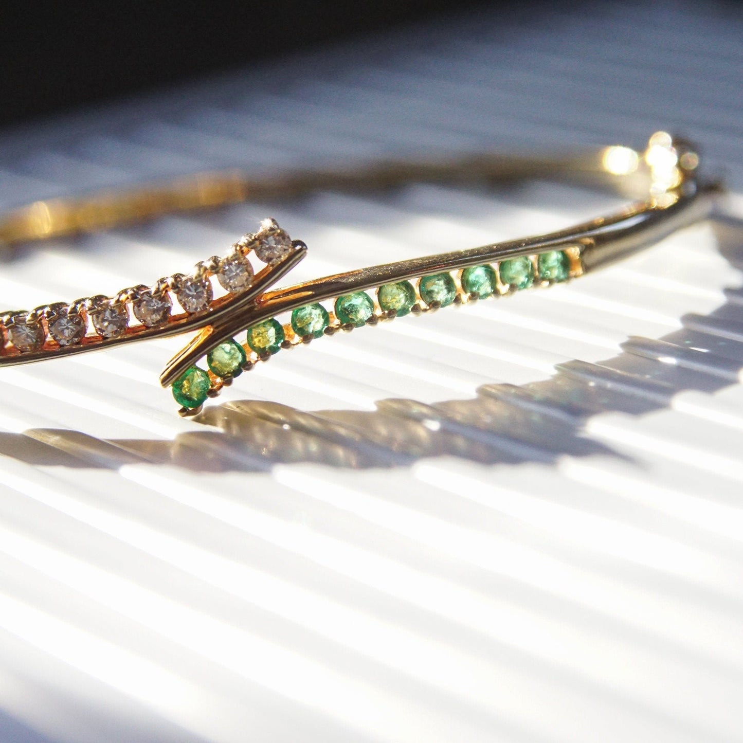 Natural Emerald Diamond Bypass Bangle Bracelet In 14K Yellow Gold, Channel Set Cuff, Estate Jewelry, 6 1/2"