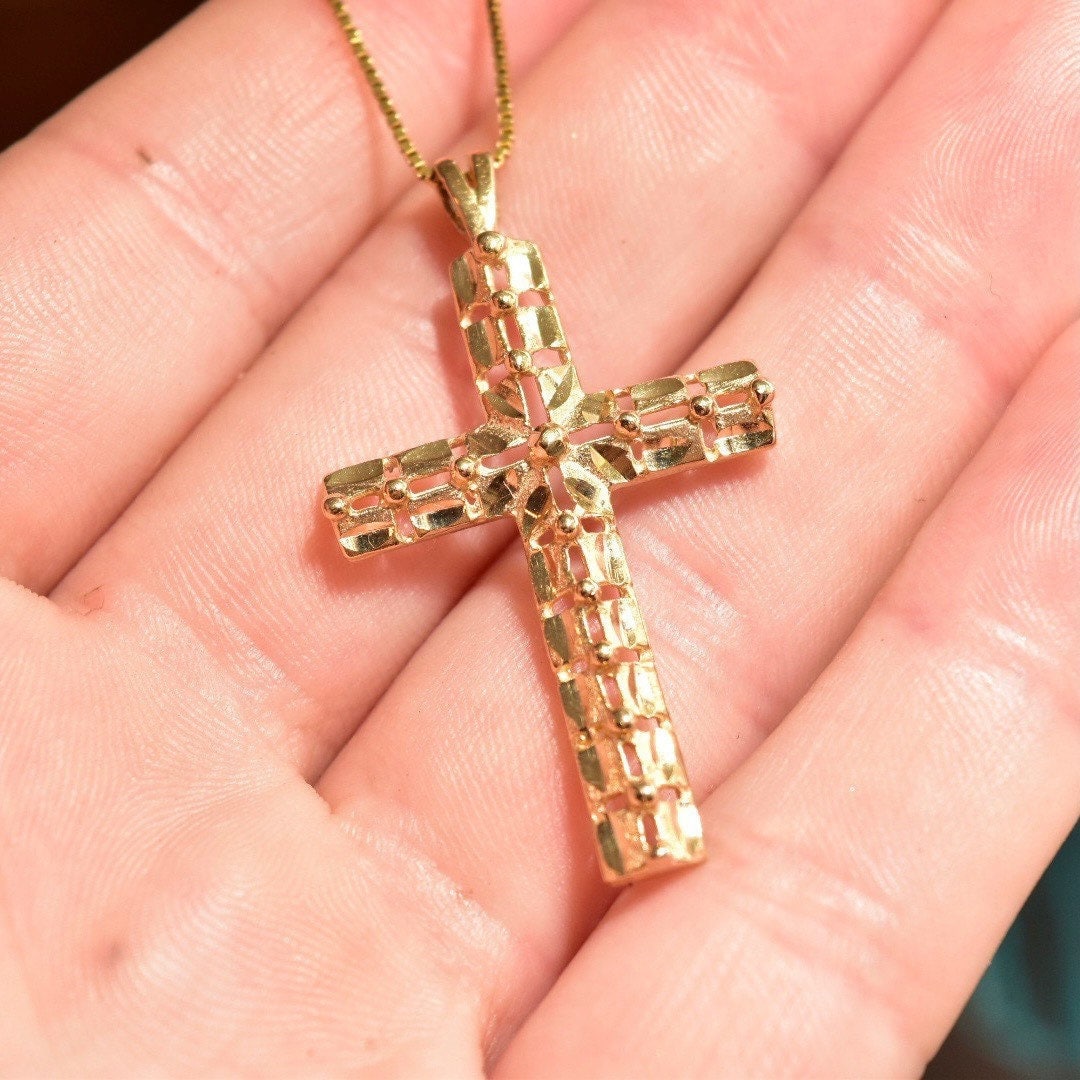 Modernist 14K Diamond-Cut Cross Pendant, Textured Yellow Gold Cross With Cutout Details, Religious Jewelry, 42mm - Good's Vintage