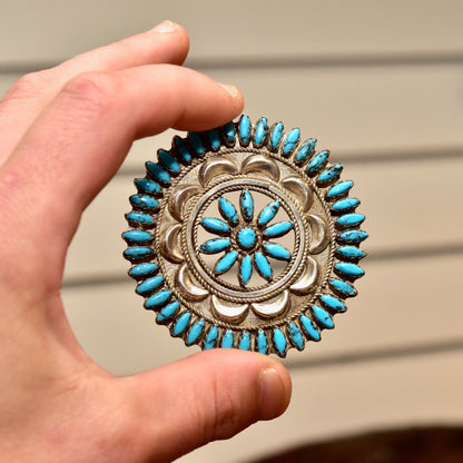 Zuni Needlepoint Turquoise Brooch Pin, Native American Handmade Sterling Silver Turquoise Medallion Brooch, 2 1/2"