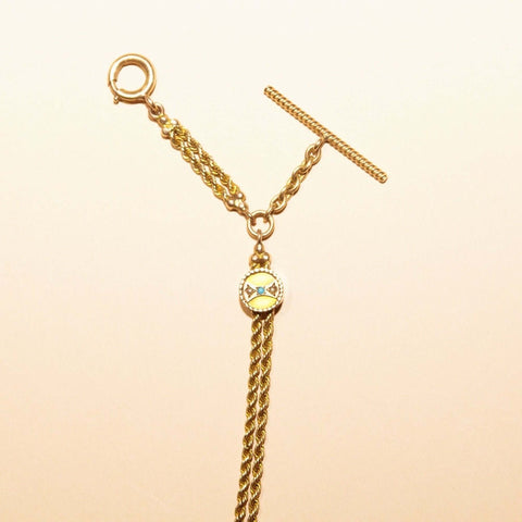 Antique 14K Ladies Pocket Watch Chain W/ Turquoise Seed Pearl Slide & T-Bar, Victorian Watch Chain Jewelry, 9" L - Good's Vintage