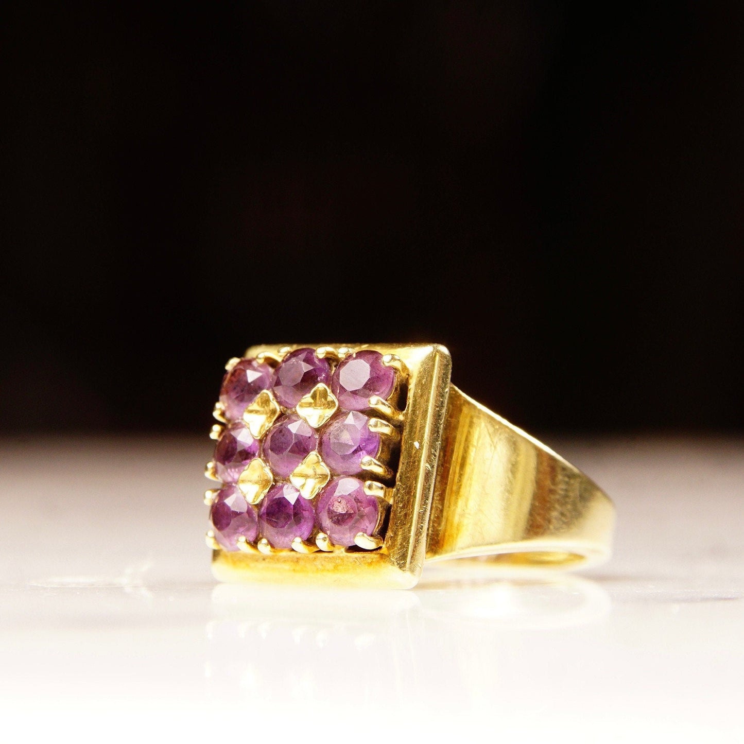 Modernist 14K Amethyst Cluster Ring, Men's Style Square-Top Ring Face, 9 Round-Cut Stones, Size 8 US - Good's Vintage