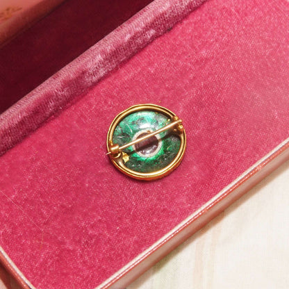 Aries Zodiac Enamel Circle Brooch Set In 22KT Yellow Gold, Red & Green Enamel, Vintage Astrology Jewelry, 25mm - Good's Vintage