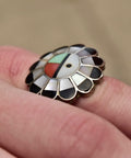 Signed Zuni Sun God Ring, Silver, Multi-Stone Inlay, Silver, Mother of Pearl, Jet, Coral, Turquoise, Size 5 1/4 US - Good's Vintage