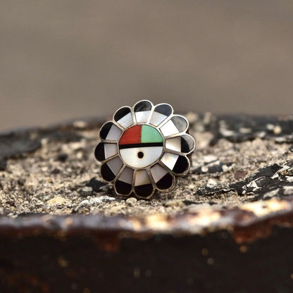 Signed Zuni Sun God Ring, Silver, Multi-Stone Inlay, Silver, Mother of Pearl, Jet, Coral, Turquoise, Size 5 1/4 US - Good's Vintage