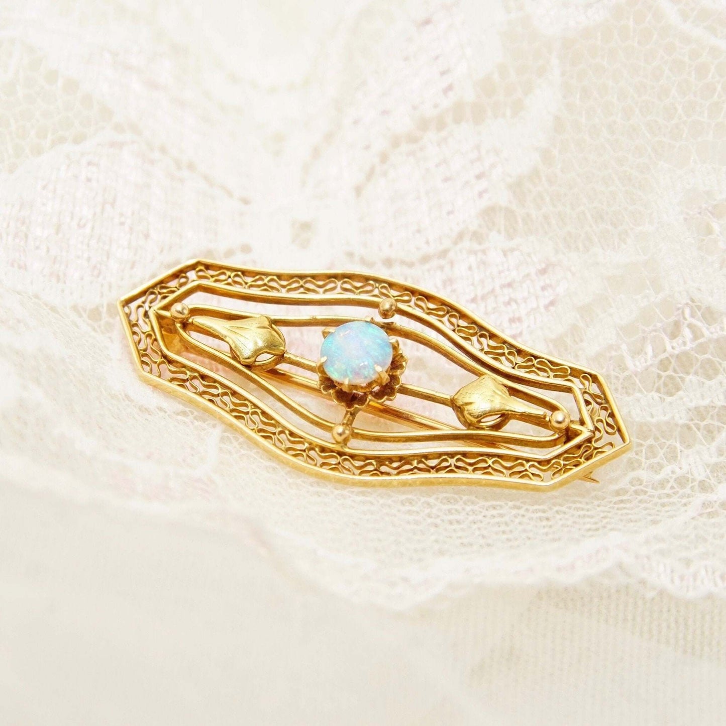 Antique 14K Opal Filigree Bar Pin, Ladies Yellow Gold Brooch, Floral Motifs, Open Work Designs, Art Nouveau, 40mm - Good's Vintage
